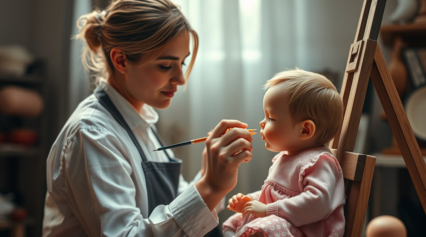 depicts an artist meticulously painting a lifelike baby doll