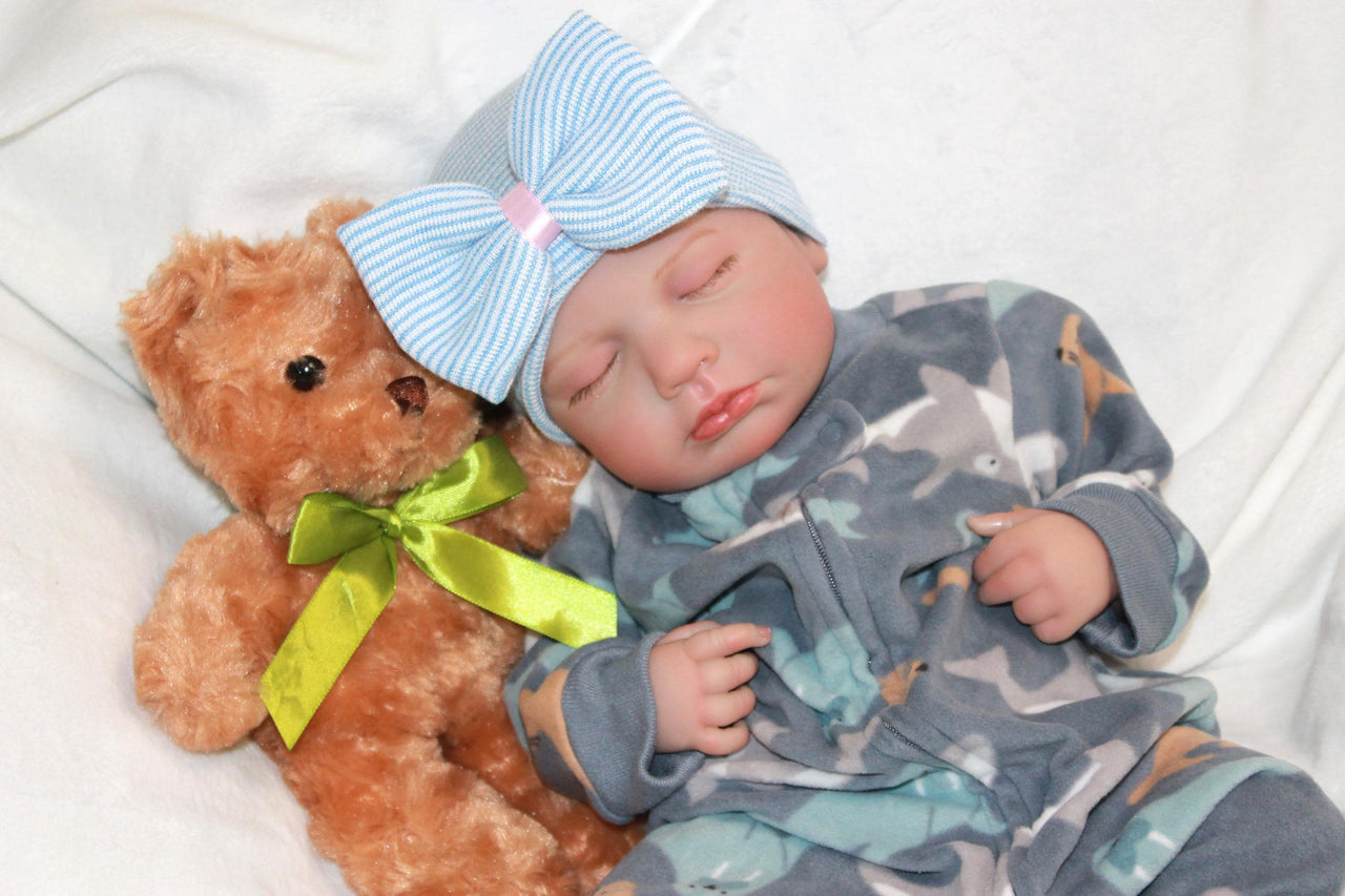 A cute baby in a bow, cuddling a teddy bear, embodying warmth and playfulness.