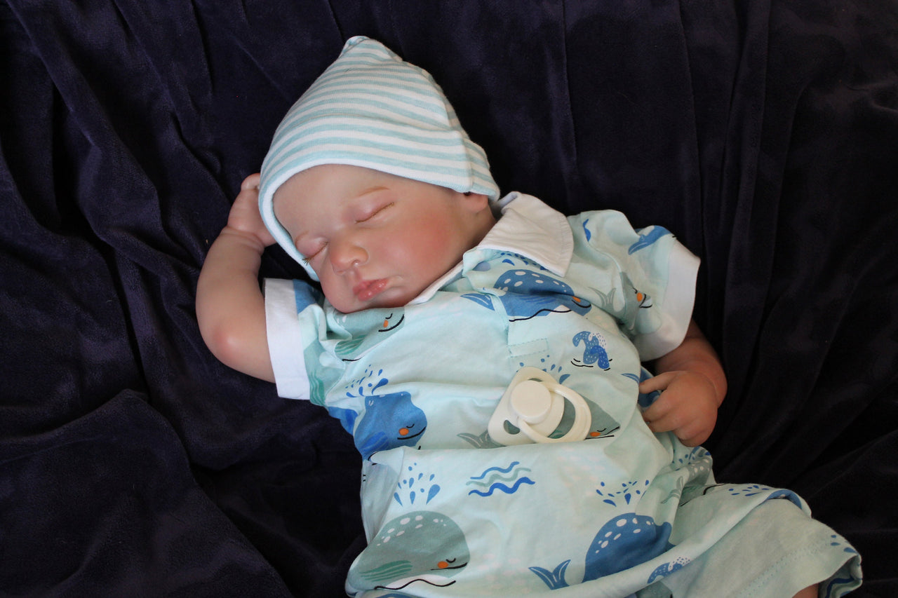 Blue whales with striped blue hat, Painted Finished Reborn Baby Doll, Lifelike Baby Doll, Weighted Newborn Baby, Heavy Dolls For Children, Child Friendly Gifts For Girls, dementia gifts for elderly