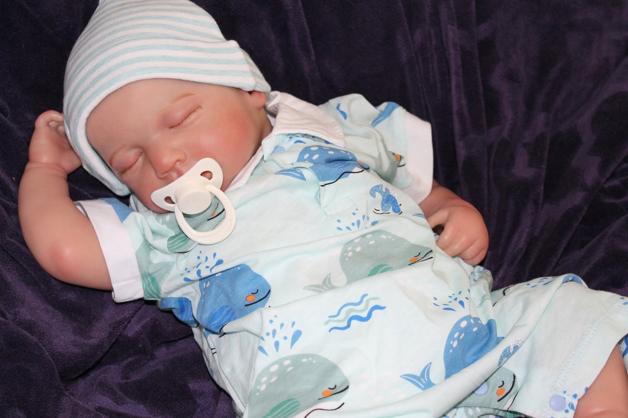 Blue whales with striped blue hat, Painted Finished Reborn Baby Doll, Lifelike Baby Doll, Weighted Newborn Baby, Heavy Dolls For Children, Child Friendly Gifts For Girls, dementia gifts for elderly