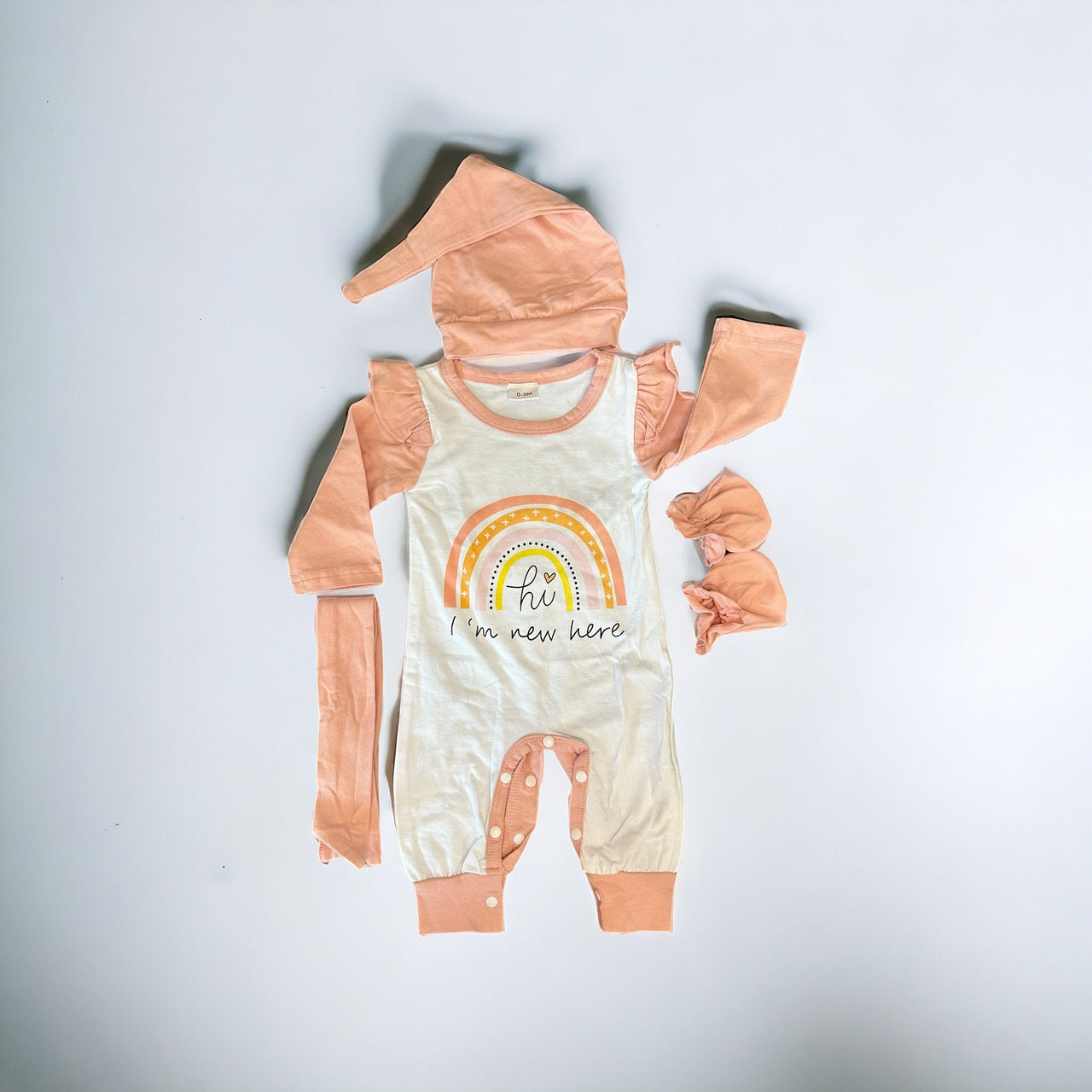 Newborn Baby Doll Hi Im New Here Clothes Ruffles Coral Rainbow Bodysuit Romper Pajamas One Piece Infant 0-3 Months With Headband Hat PJ Set