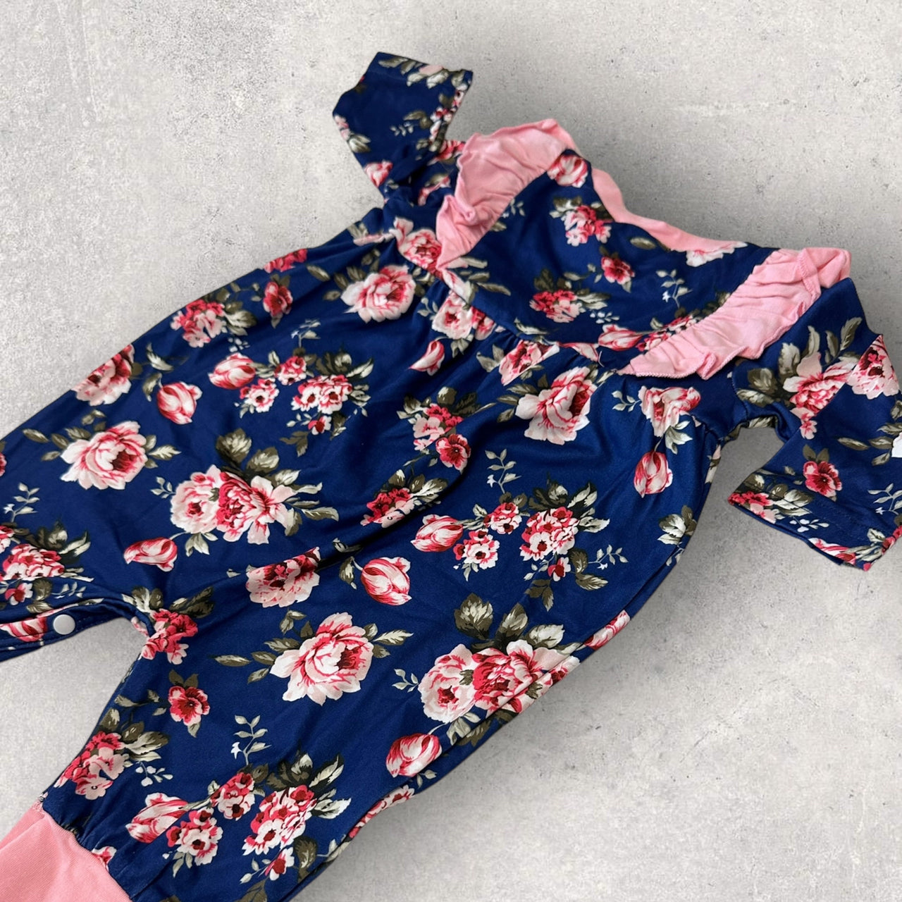 Newborn Baby Doll Clothes Ruffles Pink and Navy Blue Flowers Outfit Bodysuit Romper Pajamas One Piece Infant 0-3 Months Winter Long Sleeve