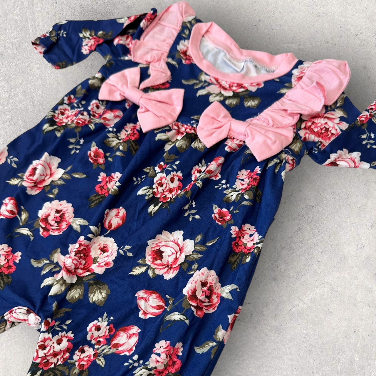 Newborn Baby Doll Clothes Ruffles Pink and Navy Blue Flowers Outfit Bodysuit Romper Pajamas One Piece Infant 0-3 Months Winter Long Sleeve