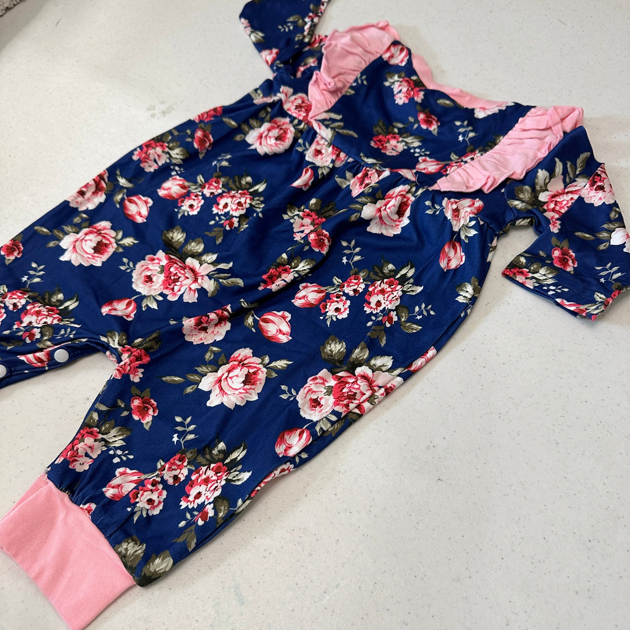 Newborn Baby Doll Clothes Ruffles Pink and Navy Blue Flowers Outfit Bodysuit Romper Pajamas One Piece Infant 0-3 Months Winter Long Sleeve