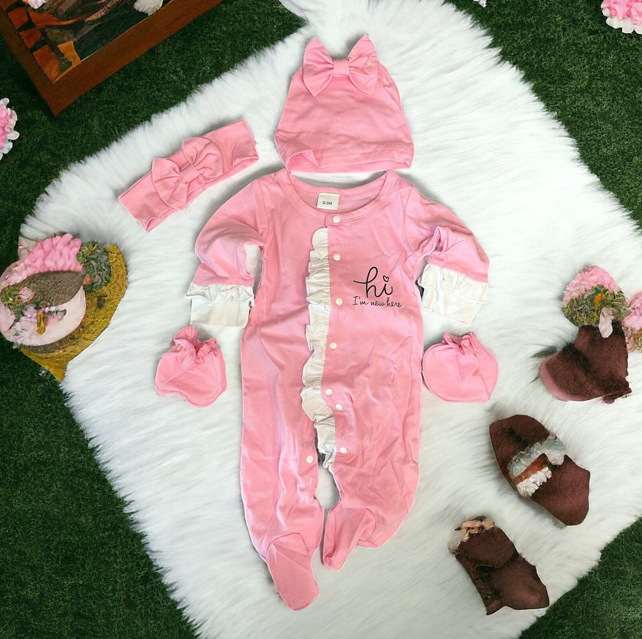 Newborn Baby Doll 20 inch Baby Clothes Ruffles Hi I&#39;m New Here Pink Bodysuit Romper Pajamas One Piece Infant 0-3 Months With Headband PJ Set