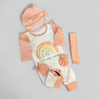 Thumbnail for Newborn Baby Doll Hi Im New Here Clothes Ruffles Coral Rainbow Bodysuit Romper Pajamas One Piece Infant 0-3 Months With Headband Hat PJ Set