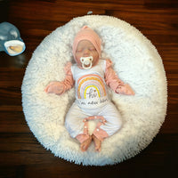 Thumbnail for Newborn Baby Doll Hi Im New Here Clothes Ruffles Coral Rainbow Bodysuit Romper Pajamas One Piece Infant 0-3 Months With Headband Hat PJ Set