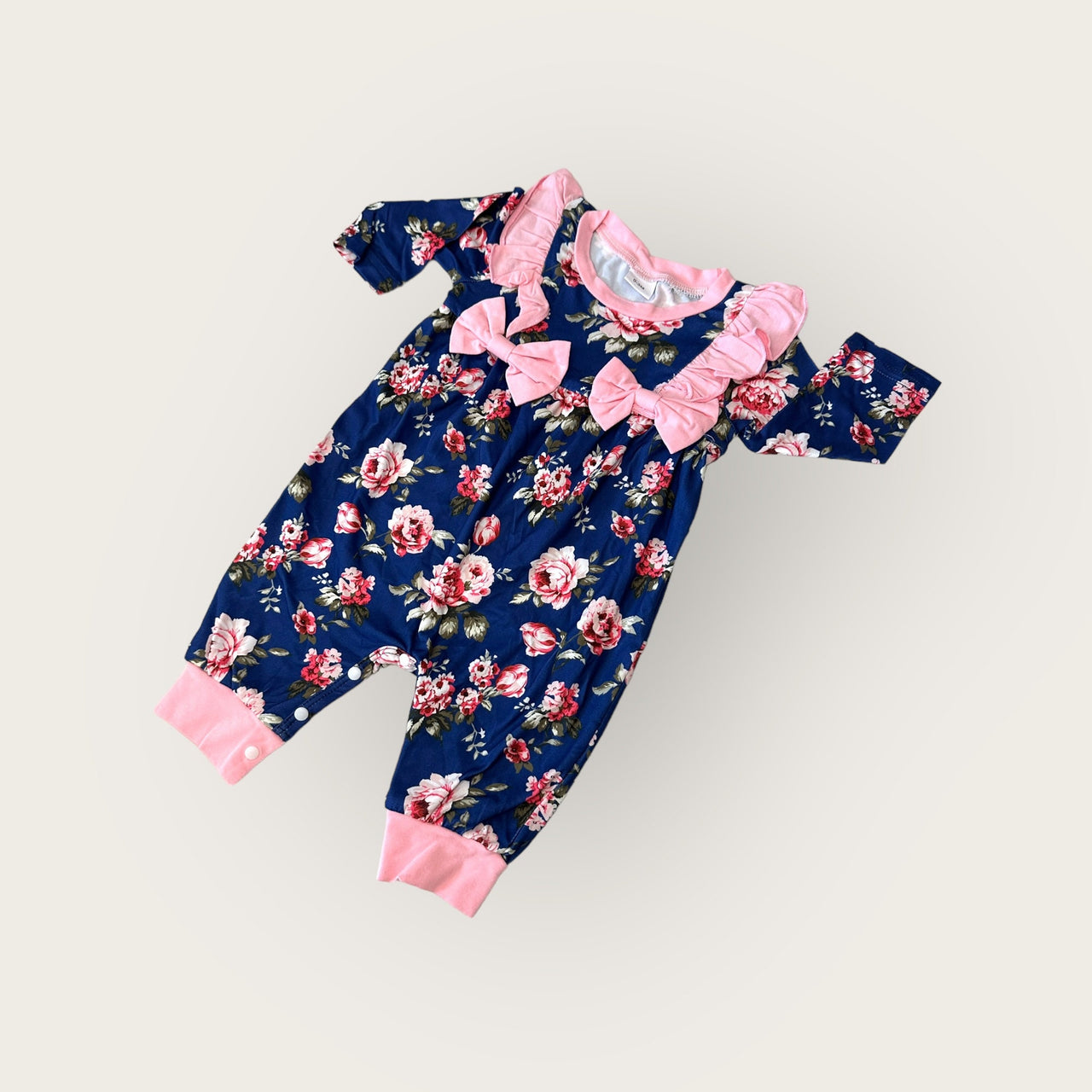 Newborn Baby Doll Clothes Ruffles Pink and Navy Blue Flowers Outfit Bodysuit Romper Pajamas One Piece Infant 0-3 Months Winter Long Sleeve