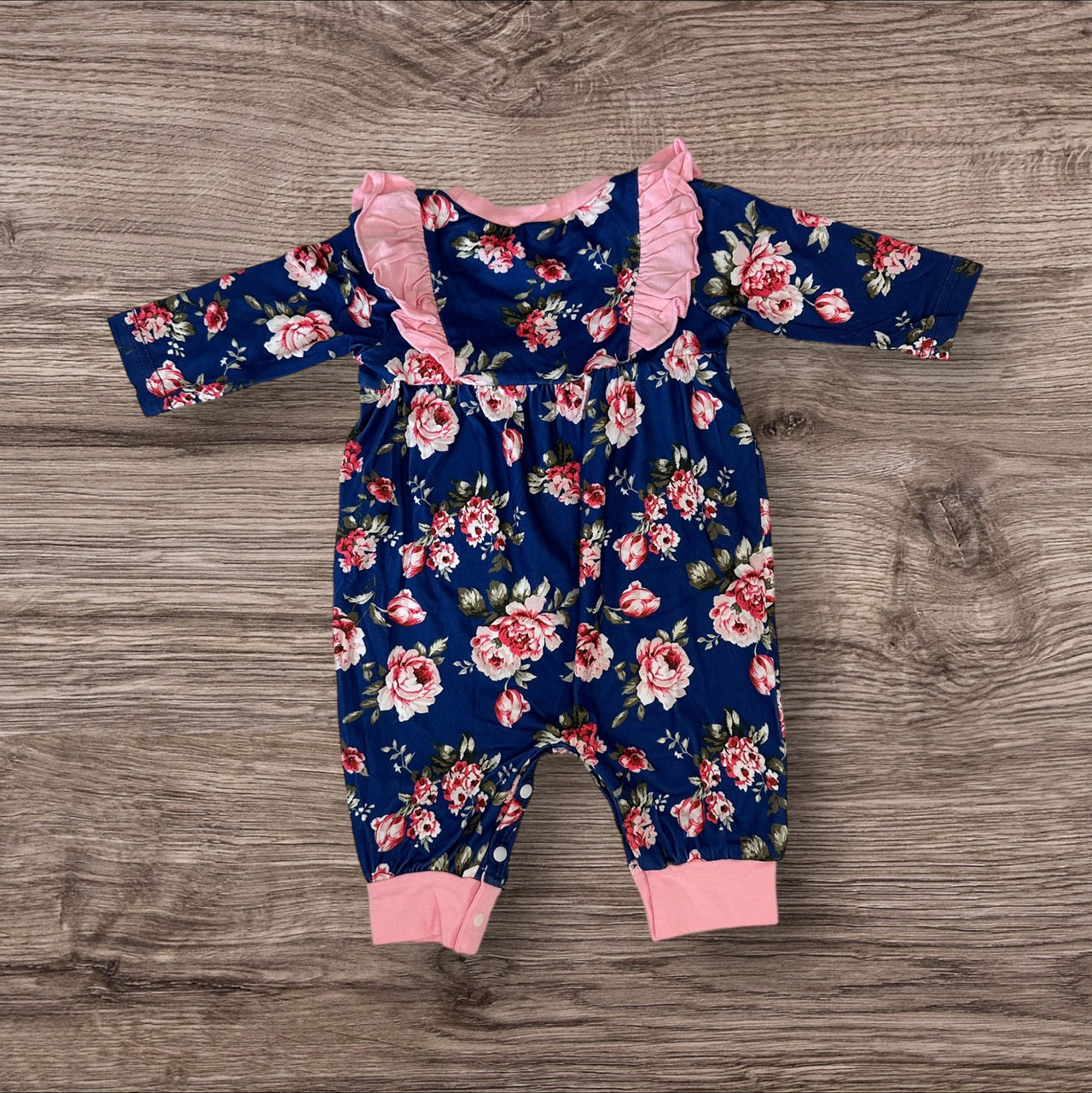 Newborn Baby Doll Clothes Ruffles Pink and Navy Blue Flowers Outfit Bodysuit Romper Pajamas One Piece Infant 0-3 Months Winter Long Sleeve