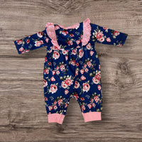 Thumbnail for Newborn Baby Doll Clothes Ruffles Pink and Navy Blue Flowers Outfit Bodysuit Romper Pajamas One Piece Infant 0-3 Months Winter Long Sleeve