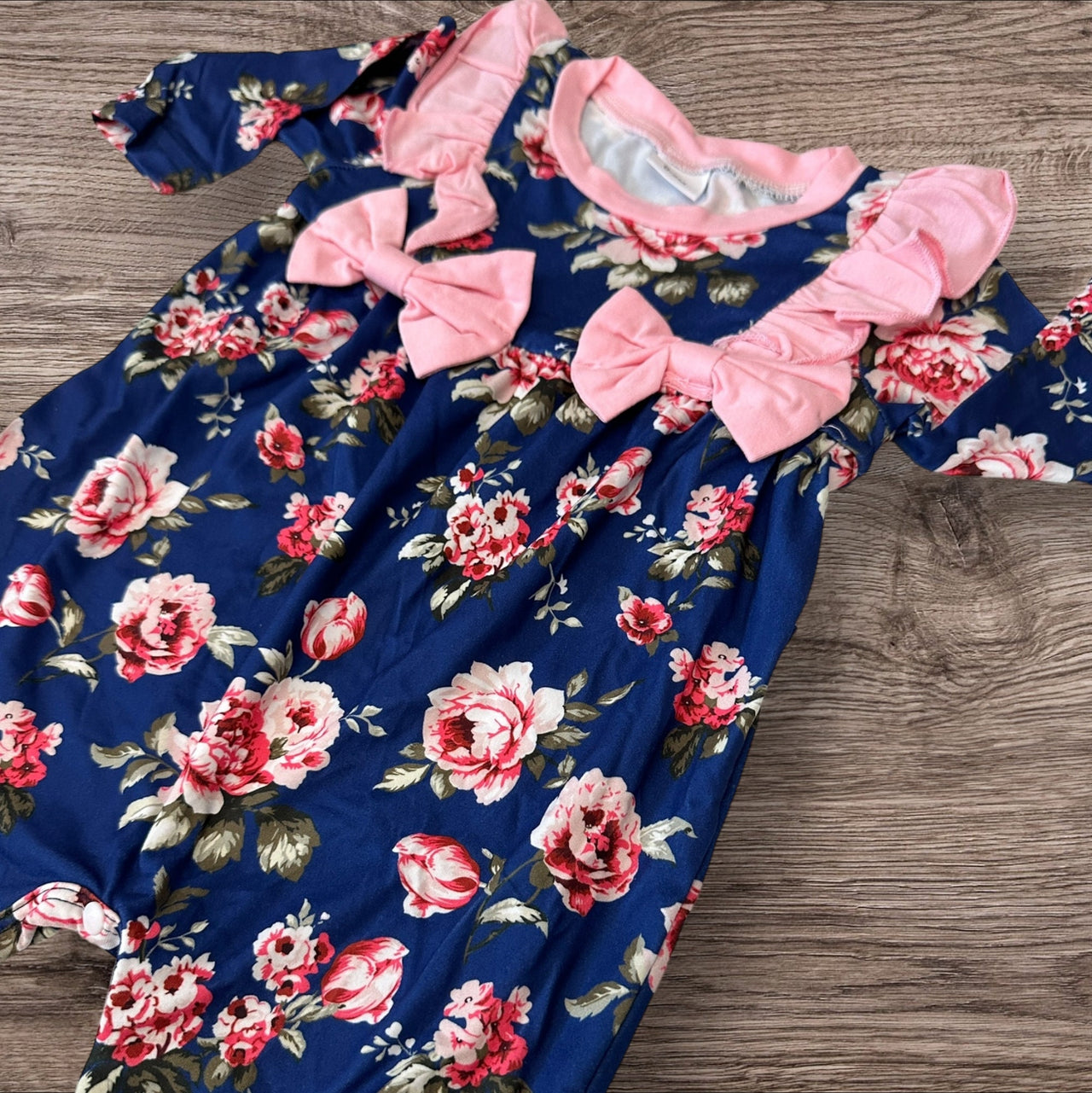 Newborn Baby Doll Clothes Ruffles Pink and Navy Blue Flowers Outfit Bodysuit Romper Pajamas One Piece Infant 0-3 Months Winter Long Sleeve