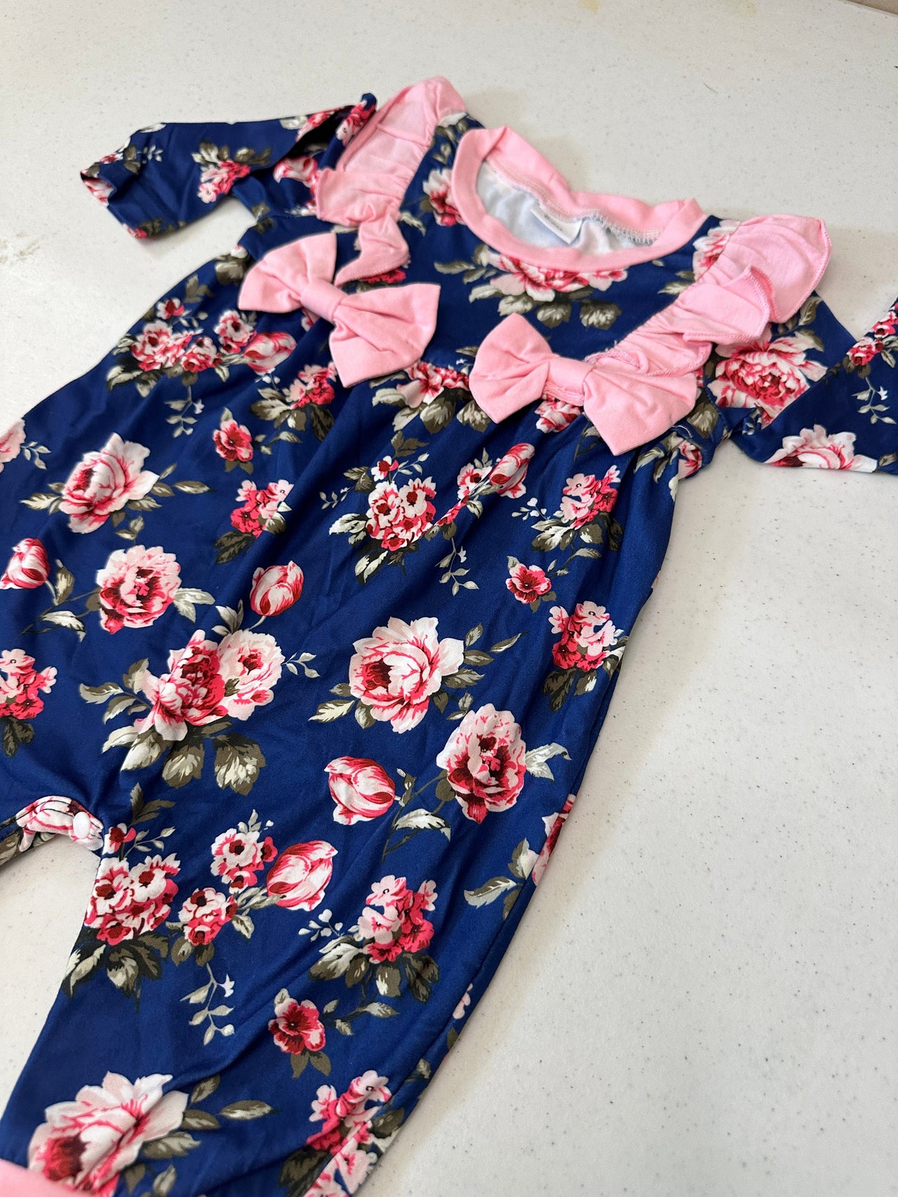 Newborn Baby Doll Clothes Ruffles Pink and Navy Blue Flowers Outfit Bodysuit Romper Pajamas One Piece Infant 0-3 Months Winter Long Sleeve