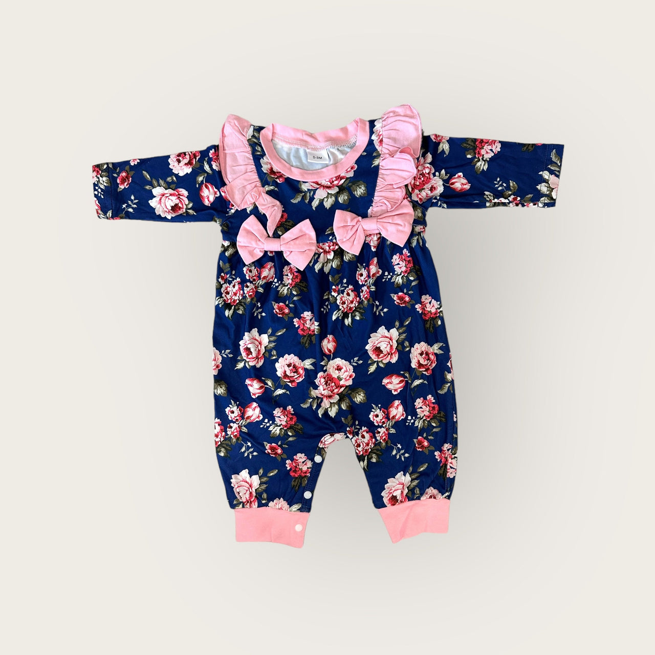 Newborn Baby Doll Clothes Ruffles Pink and Navy Blue Flowers Outfit Bodysuit Romper Pajamas One Piece Infant 0-3 Months Winter Long Sleeve