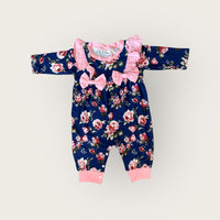 Thumbnail for Newborn Baby Doll Clothes Ruffles Pink and Navy Blue Flowers Outfit Bodysuit Romper Pajamas One Piece Infant 0-3 Months Winter Long Sleeve