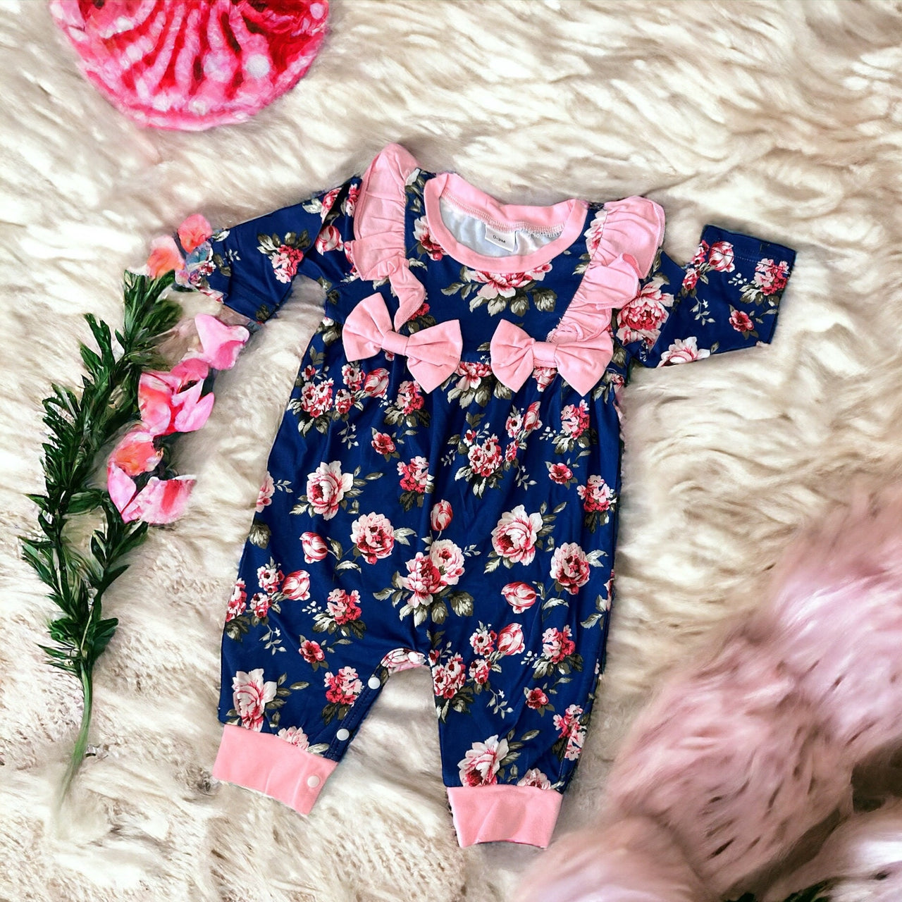 Newborn Baby Doll Clothes Ruffles Pink and Navy Blue Flowers Outfit Bodysuit Romper Pajamas One Piece Infant 0-3 Months Winter Long Sleeve