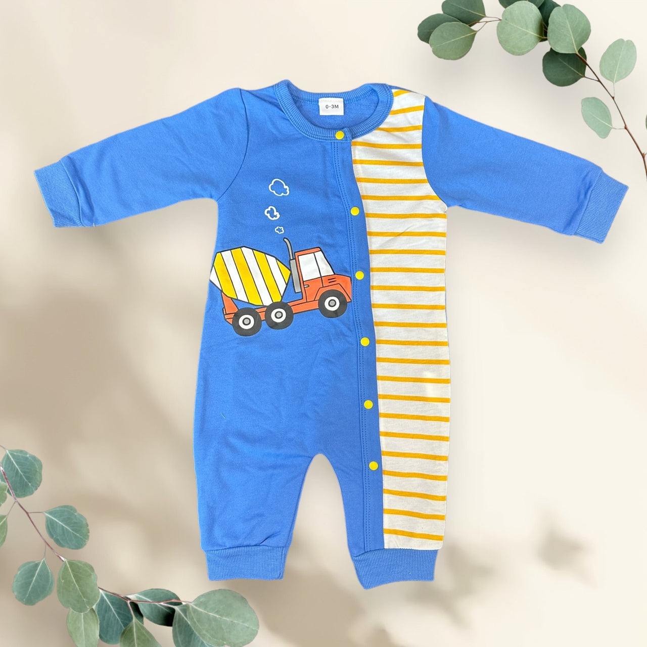 Boys Construction Blue and Yellow Baby Romper Newborn Baby Doll 20&quot; Baby Clothes Bodysuit Pajamas One Piece Infant 0-3 Months PJ Infant NEW