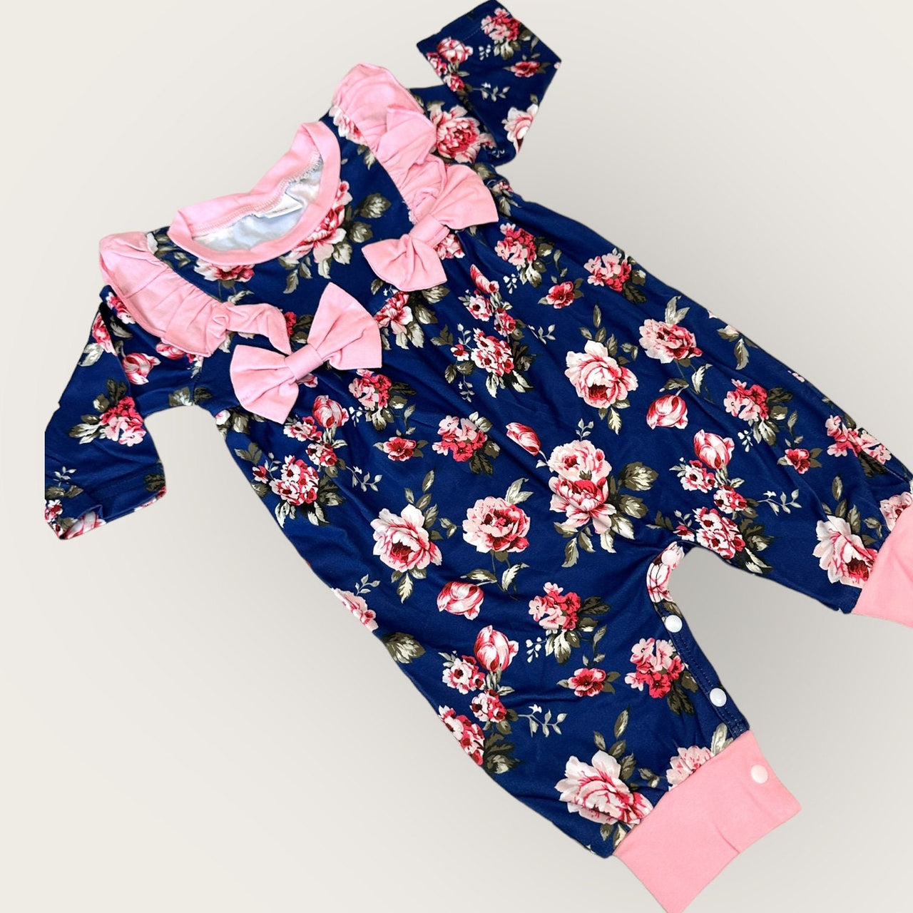 Newborn Baby Doll Clothes Ruffles Pink and Navy Blue Flowers Outfit Bodysuit Romper Pajamas One Piece Infant 0-3 Months Winter Long Sleeve