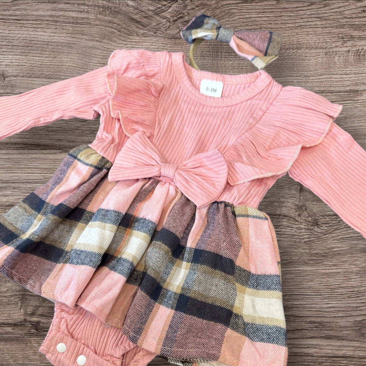 Pink Bow With Headband Plaid Baby Romper Newborn Baby Doll 20" Baby Clothes Bodysuit Pajamas One Piece Infant 0-3 Months Dress Infant NEW