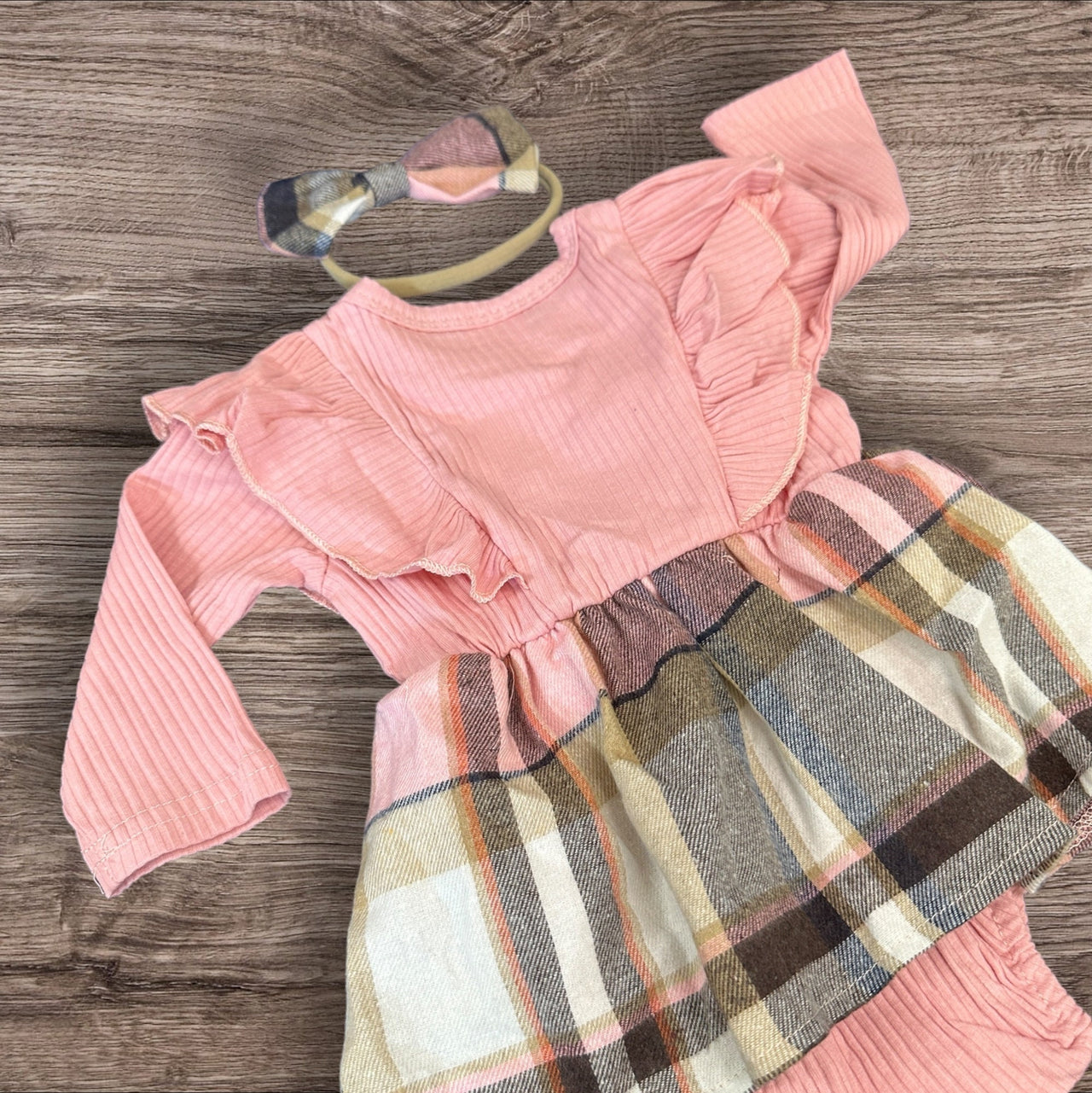 Pink Bow With Headband Plaid Baby Romper Newborn Baby Doll 20" Baby Clothes Bodysuit Pajamas One Piece Infant 0-3 Months Dress Infant NEW