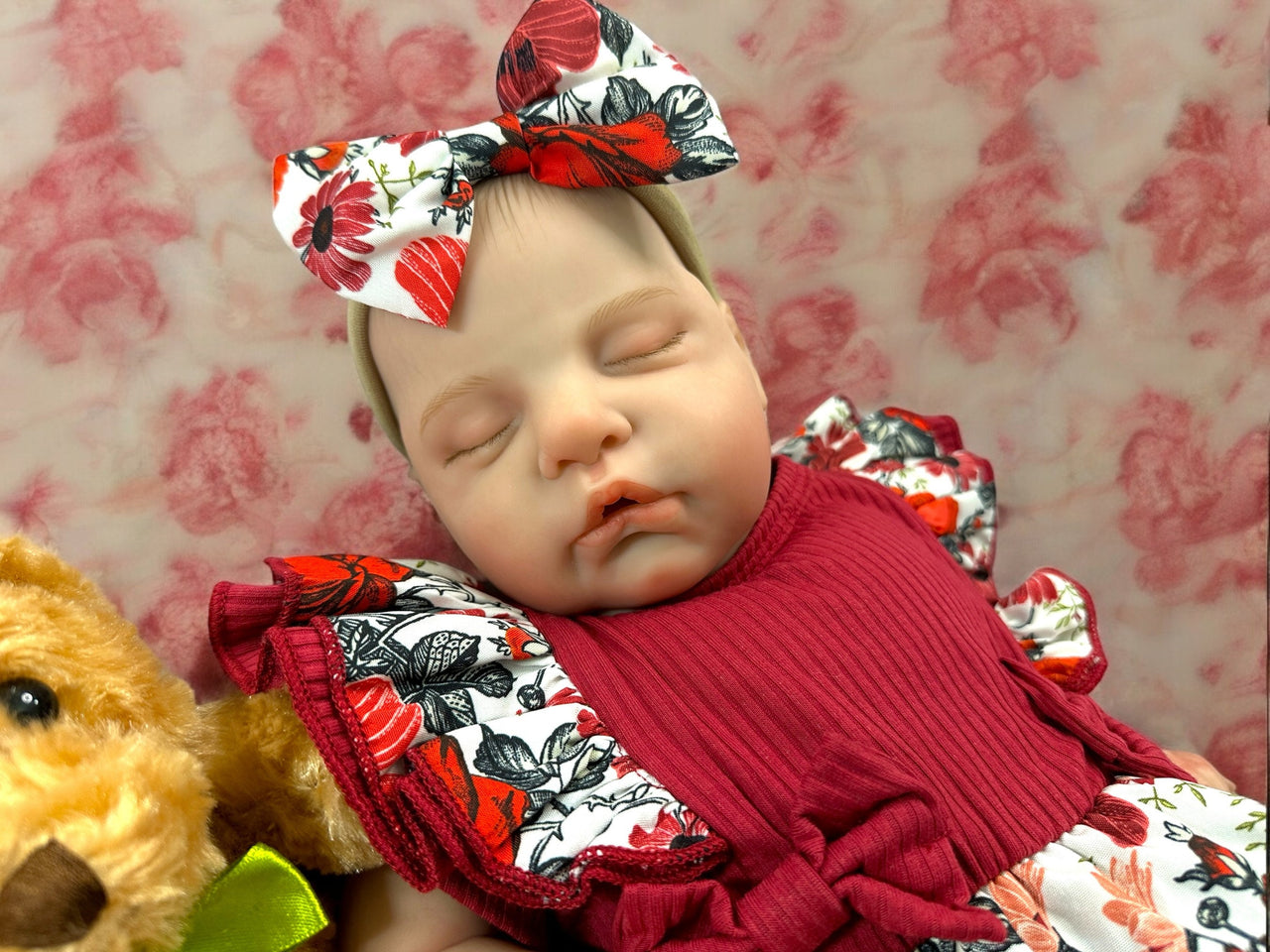 Maroon red flowered dress with a doll with an open mouth Lifelike Reborn Baby Doll 20” 8 Pounds Weighted Newborn Baby Girl/Boy Soft Heavy Baby Dolls For Children Child Friendly Gifts For Girls