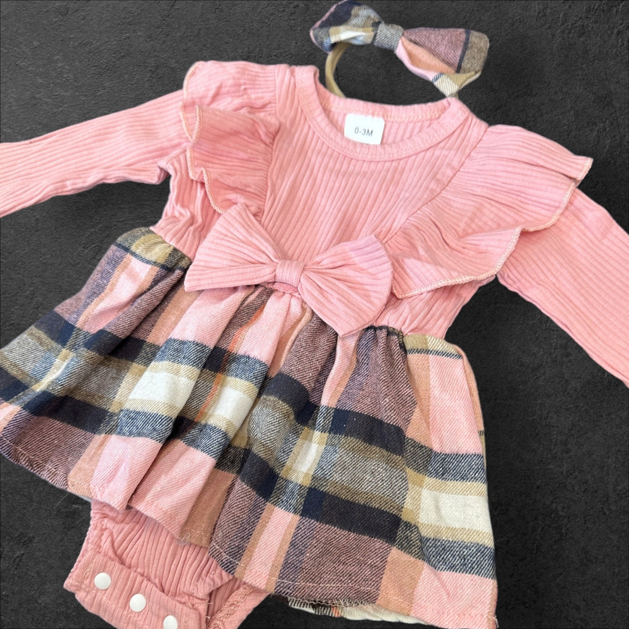 Pink Bow With Headband Plaid Baby Romper Newborn Baby Doll 20" Baby Clothes Bodysuit Pajamas One Piece Infant 0-3 Months Dress Infant NEW