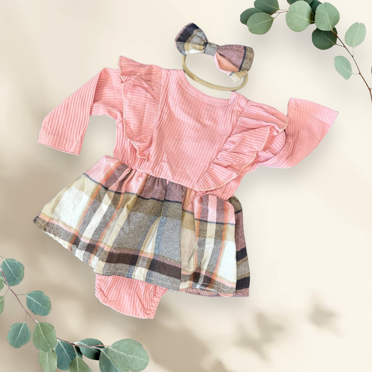 Pink Bow With Headband Plaid Baby Romper Newborn Baby Doll 20" Baby Clothes Bodysuit Pajamas One Piece Infant 0-3 Months Dress Infant NEW