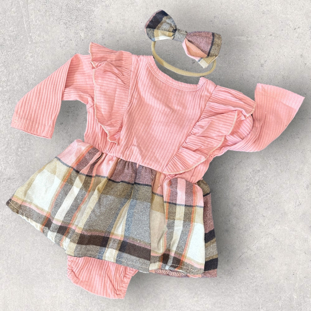 Pink Bow With Headband Plaid Baby Romper Newborn Baby Doll 20" Baby Clothes Bodysuit Pajamas One Piece Infant 0-3 Months Dress Infant NEW