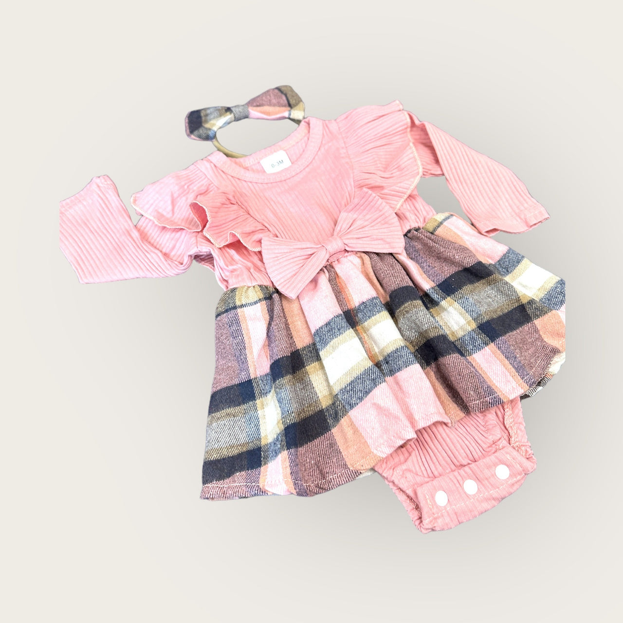 Pink Bow With Headband Plaid Baby Romper Newborn Baby Doll 20" Baby Clothes Bodysuit Pajamas One Piece Infant 0-3 Months Dress Infant NEW