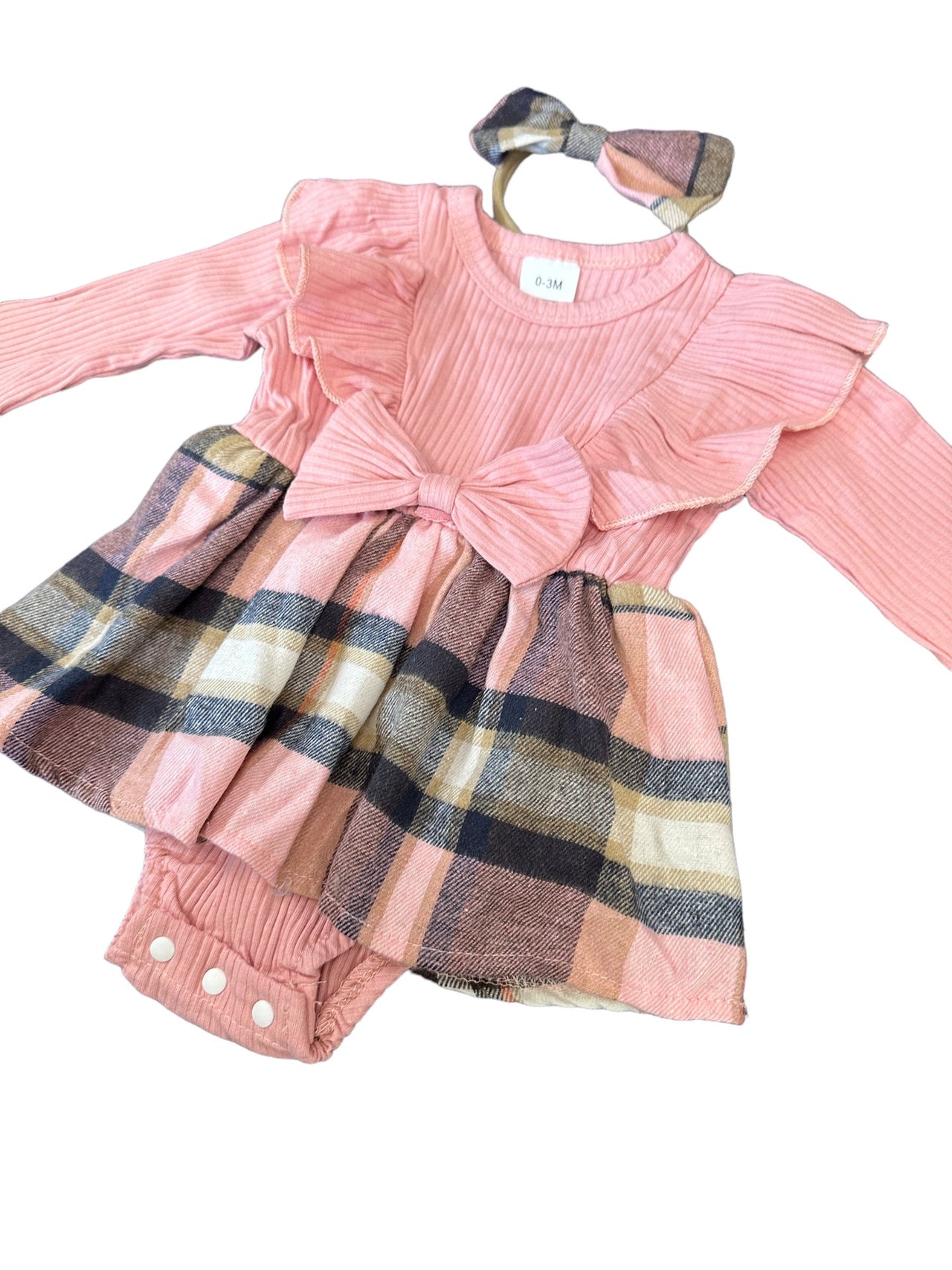 Pink Bow With Headband Plaid Baby Romper Newborn Baby Doll 20" Baby Clothes Bodysuit Pajamas One Piece Infant 0-3 Months Dress Infant NEW