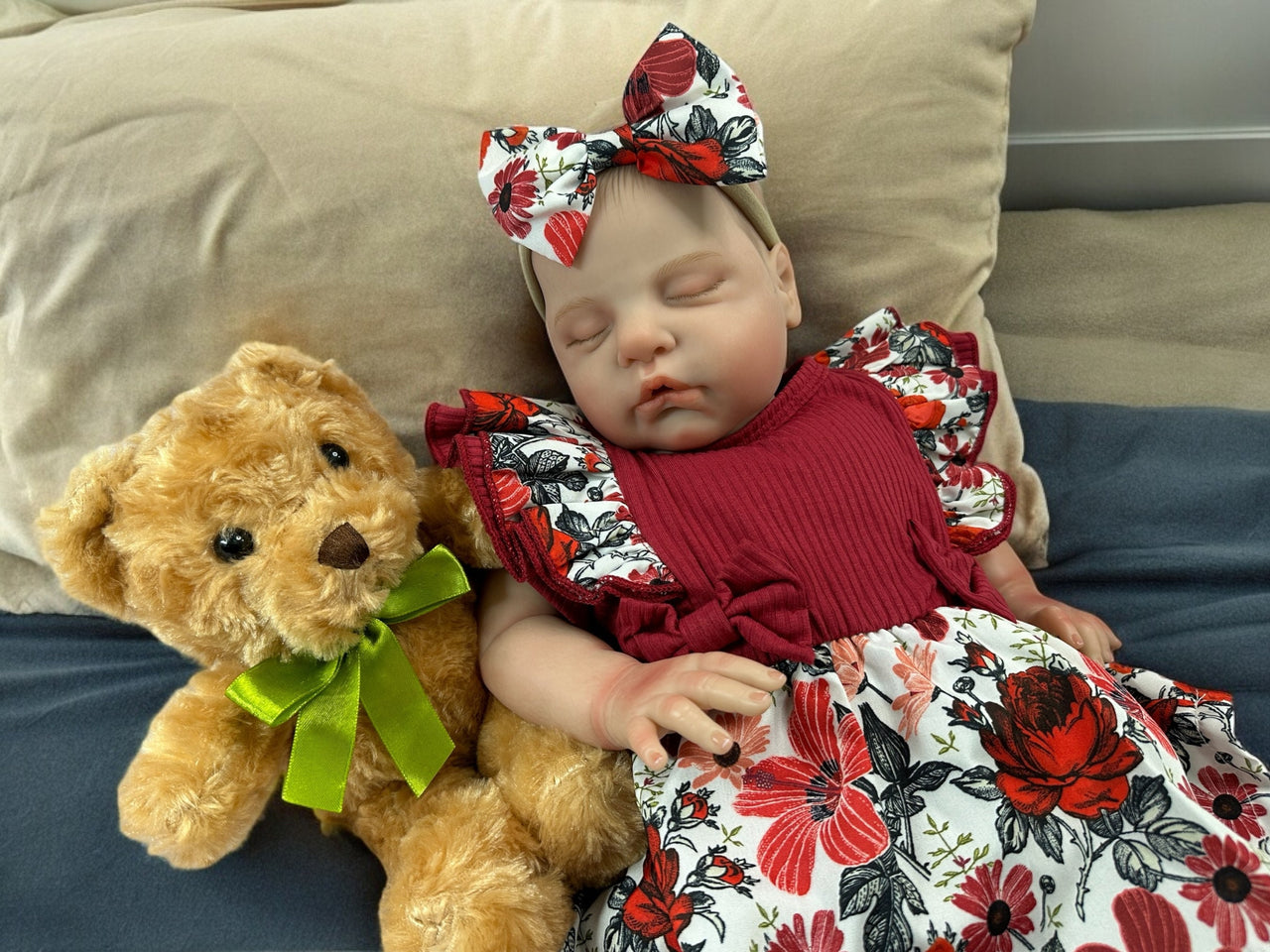 Maroon red flowered dress with a doll with an open mouth Lifelike Reborn Baby Doll 20” 8 Pounds Weighted Newborn Baby Girl/Boy Soft Heavy Baby Dolls For Children Child Friendly Gifts For Girls