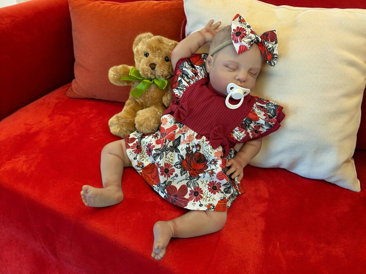 Maroon red flowered dress with a doll with an open mouth Lifelike Reborn Baby Doll 20” 8 Pounds Weighted Newborn Baby Girl/Boy Soft Heavy Baby Dolls For Children Child Friendly Gifts For Girls