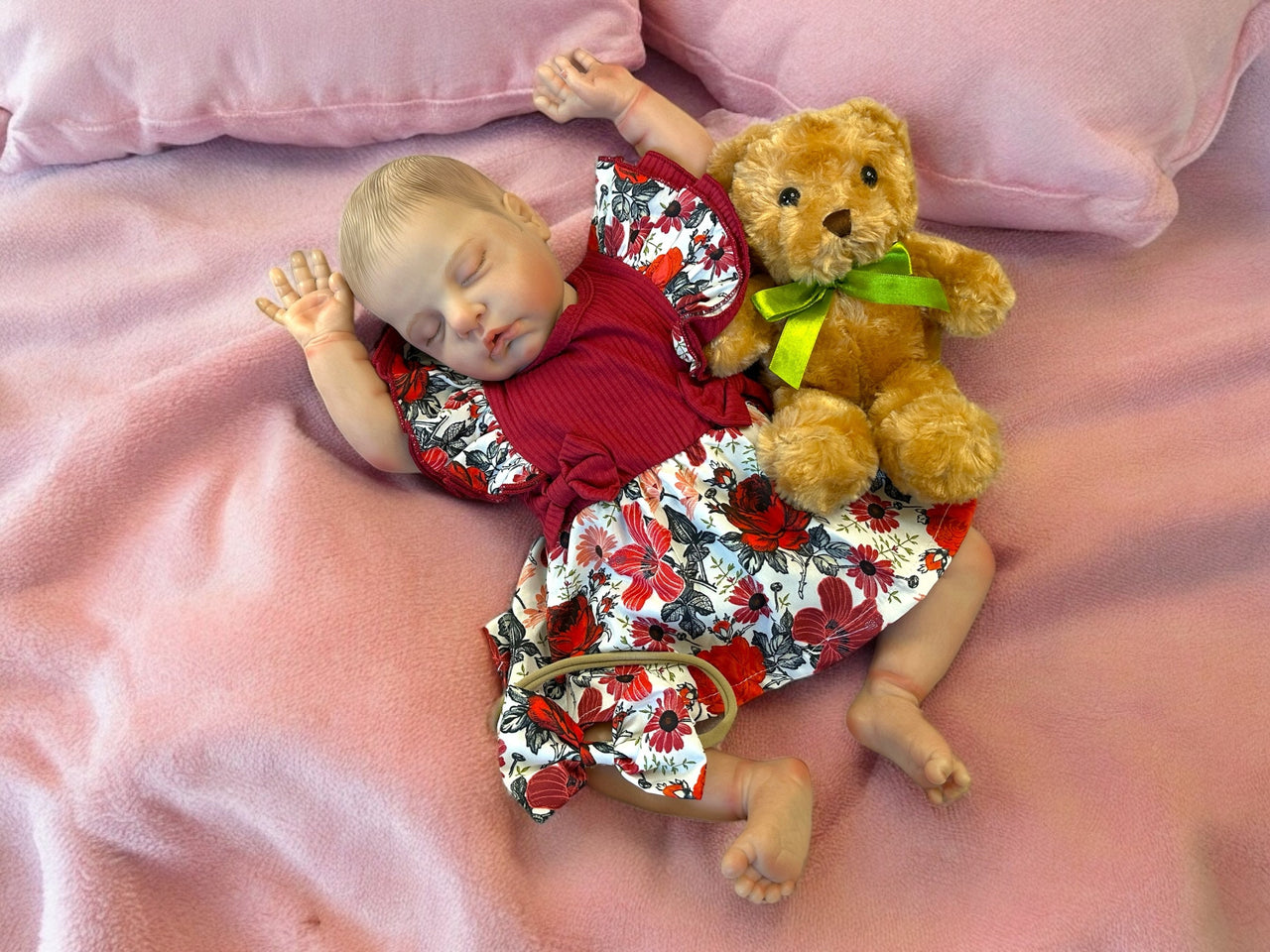 Maroon red flowered dress with a doll with an open mouth Lifelike Reborn Baby Doll 20” 8 Pounds Weighted Newborn Baby Girl/Boy Soft Heavy Baby Dolls For Children Child Friendly Gifts For Girls