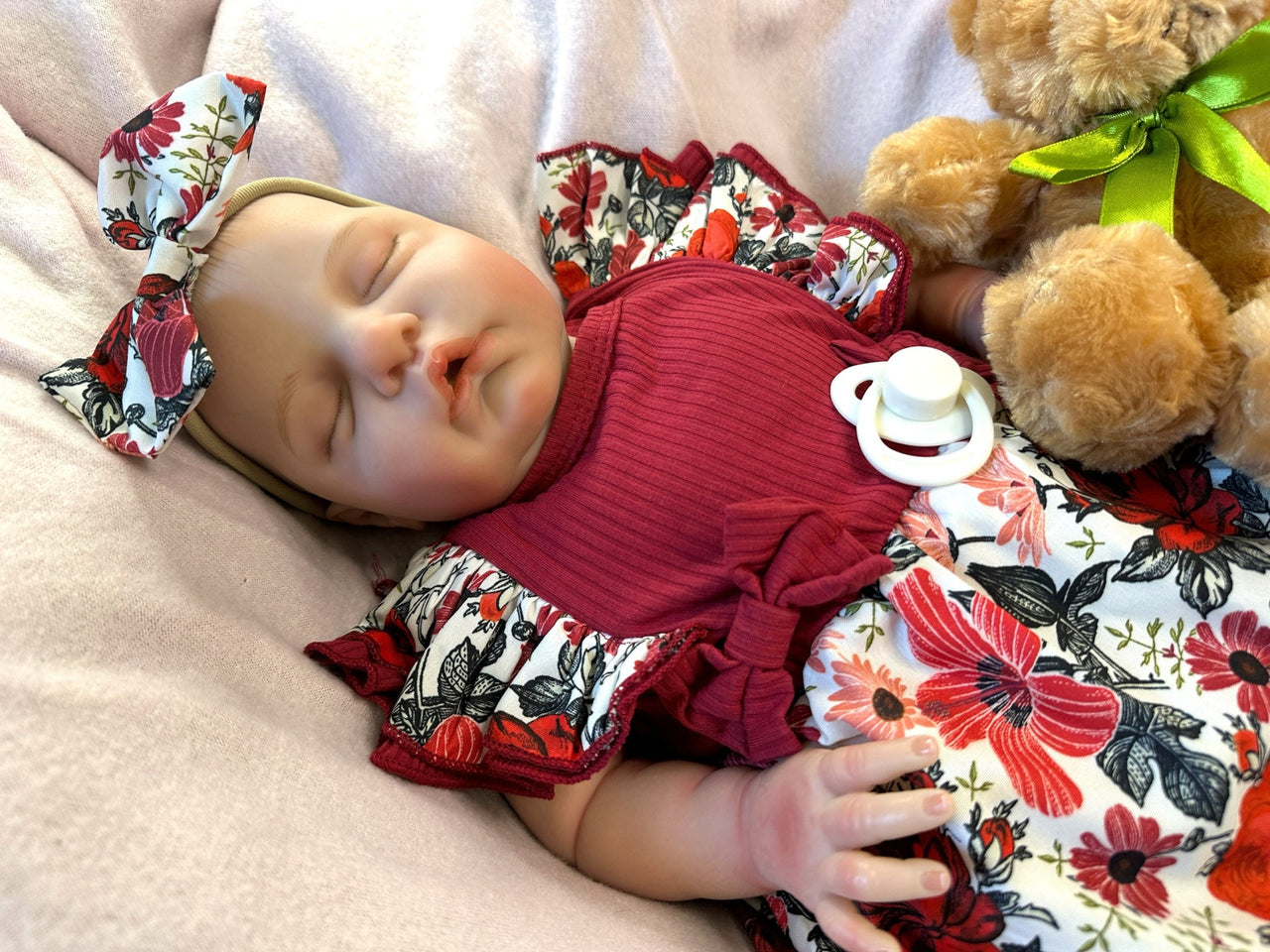 Maroon red flowered dress with a doll with an open mouth Lifelike Reborn Baby Doll 20” 8 Pounds Weighted Newborn Baby Girl/Boy Soft Heavy Baby Dolls For Children Child Friendly Gifts For Girls