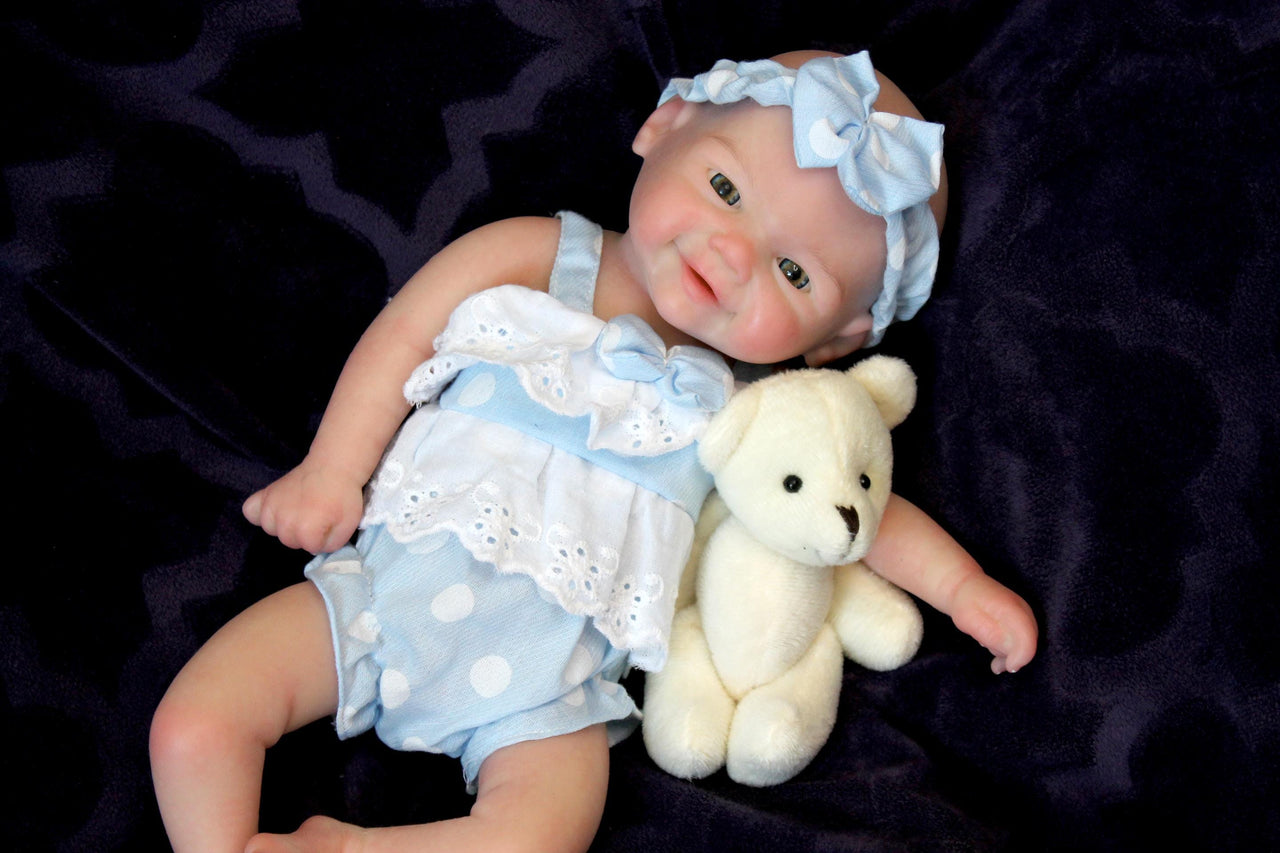 blue polka dot 13 inch doll clothes, Silicone Baby Doll Full Body Reborn Preemie 13 inch 2 lbs Platinum Silicone Dolls Realistic Real Lifelike Weighted Babies Ecoflex Bathtub Baby