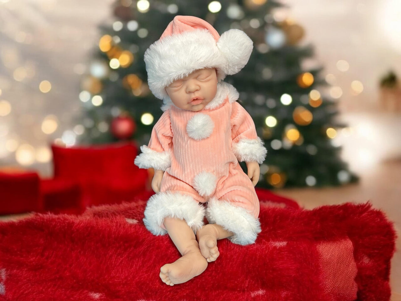 12 pink fluff ball out fit with santa style hat outfit plush fluffy doll clothes