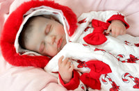 Thumbnail for reborn doll in a red and white candy cane outfit with a furry red hood