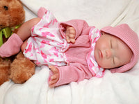 Thumbnail for Realistic full silicone reborn baby doll, 13-inch preemie with closed eyes in pink outfit, handmade newborn therapy and collector doll