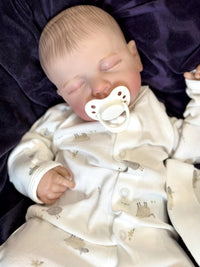 Thumbnail for A baby doll lying on a cozy blanket, with a pacifier placed nearby.